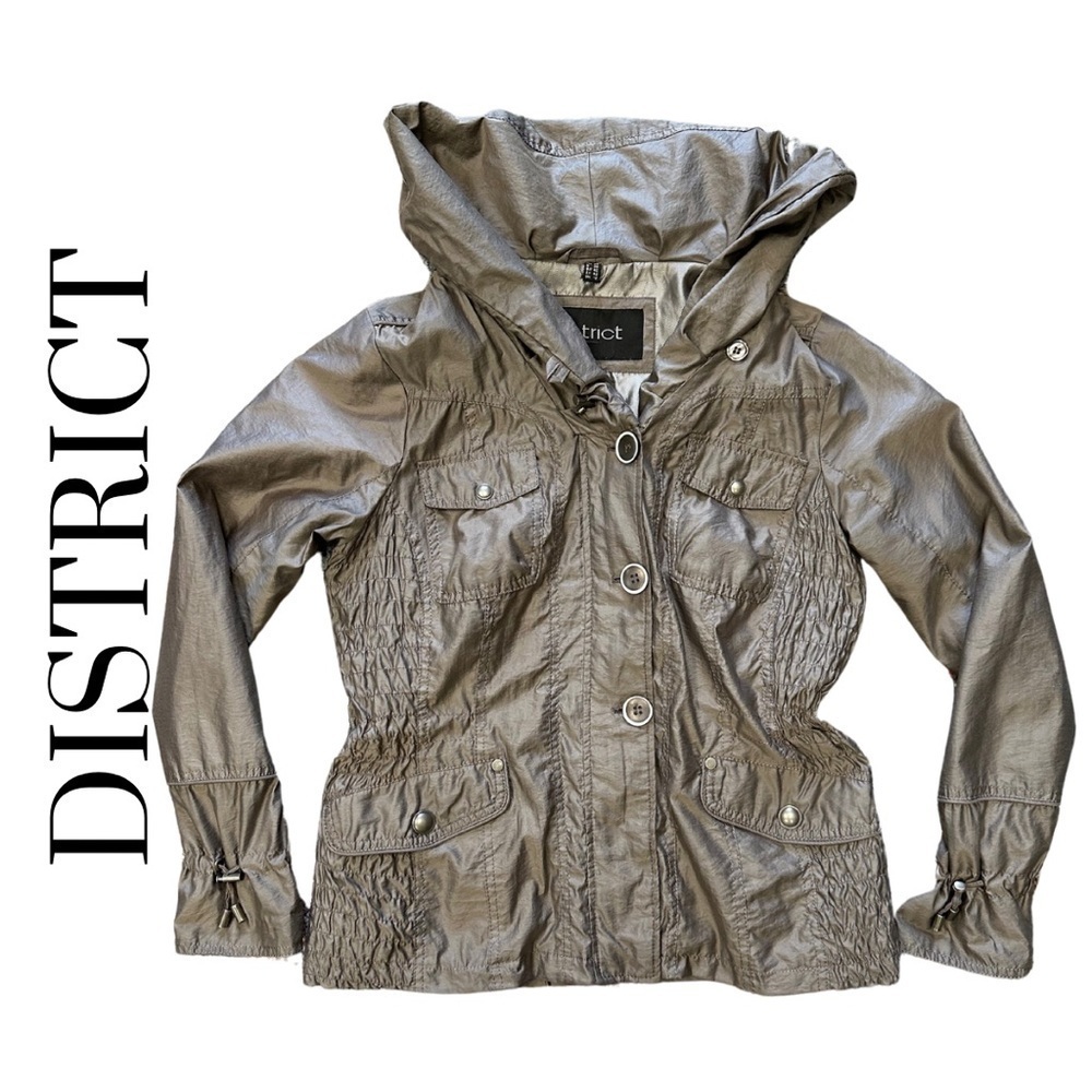 District Women’s Lightweight Jacket Ruching Detail Metallic Grey Brown Medium